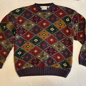 Geoffrey Beene Hand Knit Sweater XL Geometric Diamond Bold Jewel Tone Vintage